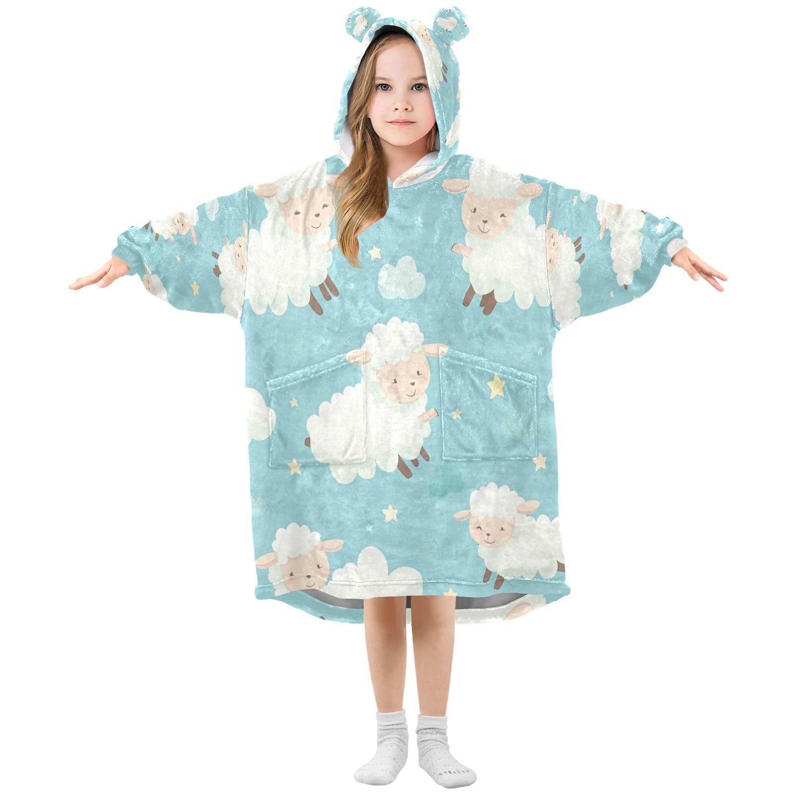 Ewusp Cute Sheep Wearable Blanket Hoodie for Kids Oversized Hooded Sweatshirt Flannel Blanket with Pocket