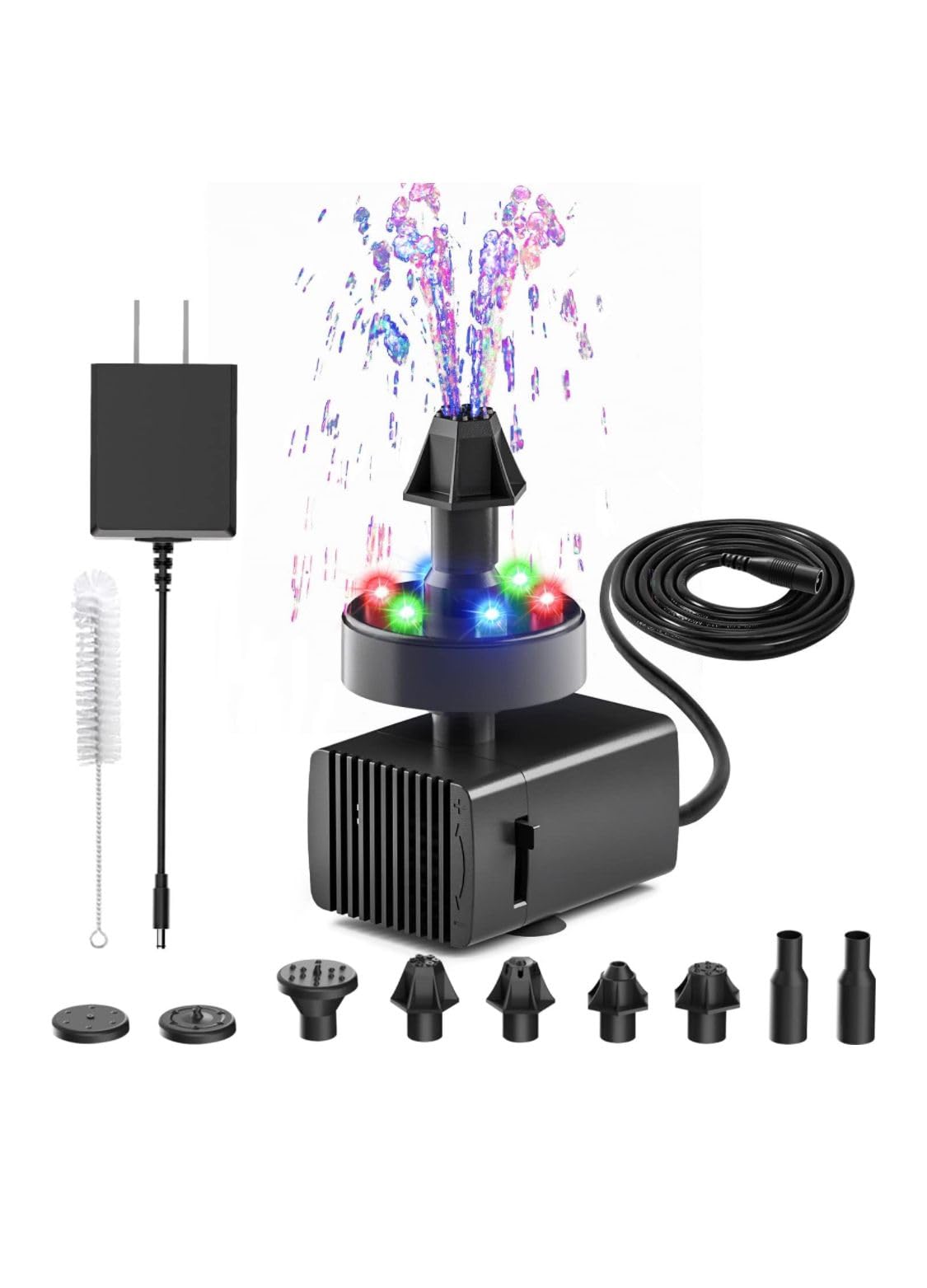 Asian Pumps Fountain Pump with Adjustable Flow with Colour Changing 6 LED Lights for Birdbath,Garden,Small Fish Tank,Indoor/Outdoor Setup- 7 Nozzles,16.4Ft Power Cord and 220V Adapter(Included)-image-45