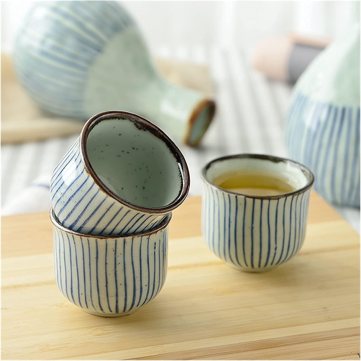 Round Gourd Striped Sake Shochu Set Warm Wine Jug Dispenser Japanese Creative Hand-Painted Ceramic Set Holiday Party Decoration Ornaments/1Pot 2Cups