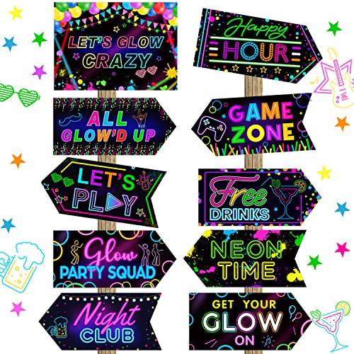 Gueevin 220 Pcs Glow in The Dark Party Decoration Neon Signs Let's Glow Crazy Welcome Happy Hour Signs Happy Birthday Decor for Neon Theme Party Decorations Supplies