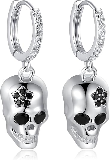 Halloween Skull Earrings for Women – Gothic Black Cubic Zirconia Hoop Dangle Jewelry, Spooky Halloween Outfit Accessories Gifts