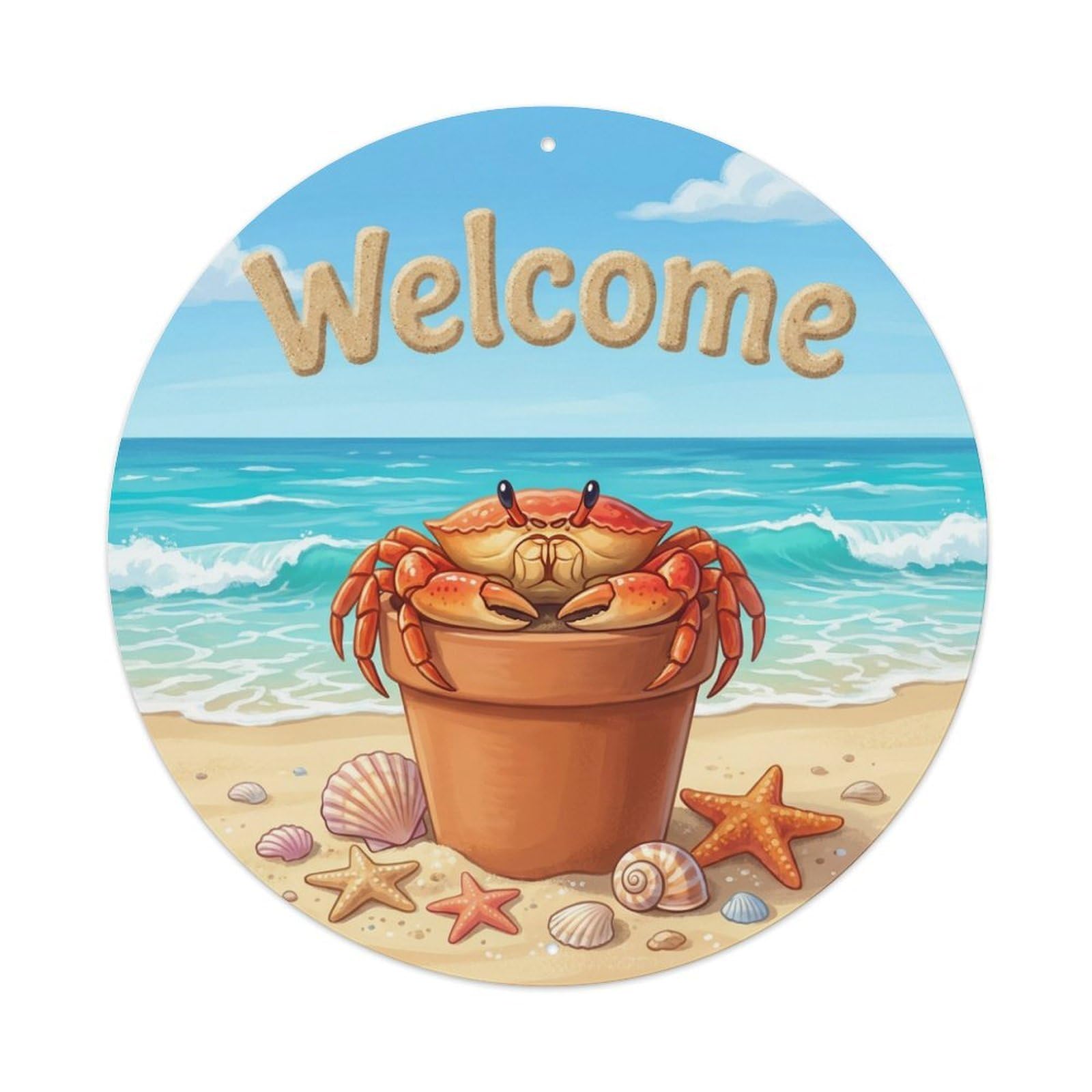 Metal Tin Sign Welcome Crab Sandy Beach