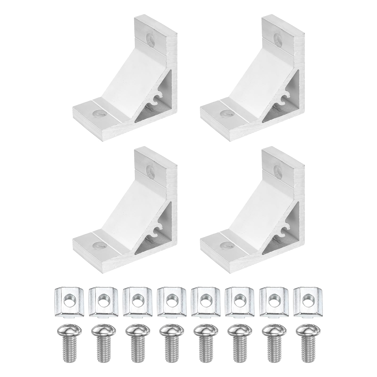 sourcing map 4Set 90 Degree Angle Corner Brackets, 4040 Series Aluminum Extrusion Profile Accessories, Corner Brace Joint Connectors with Mounting Screws and Nuts, Silver, 53mm x 53mm x 32mm