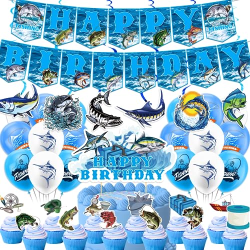 Accesorios para fiestas de cumpleaños de pesca con pancartas, adornos para cupcakes, espirales, globos para duchas de bebés