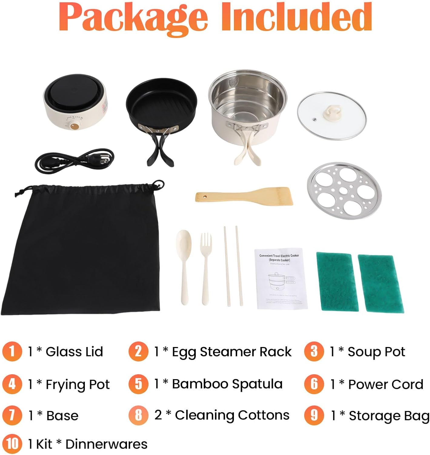 Portable Electric Hot Pot,500W Mini Electric Cooker w/Foldable Handles & Steamer,Non-stick Frying Pan,Multi-Functional Ramen Noodle Cooker Power Adjustment for Steaks,Soup,Pasta (White)