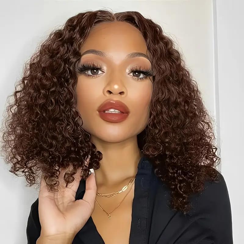 Curly Bob Wig Human Hair Chocolate Brown Short Bob Wigs 13x4 Hd Deep Wave Lace Front Wigs For Black Women 200% Density 4# Colored Pre Plucked Glueless Lace Frontal Wig Human Hair 14 Inch