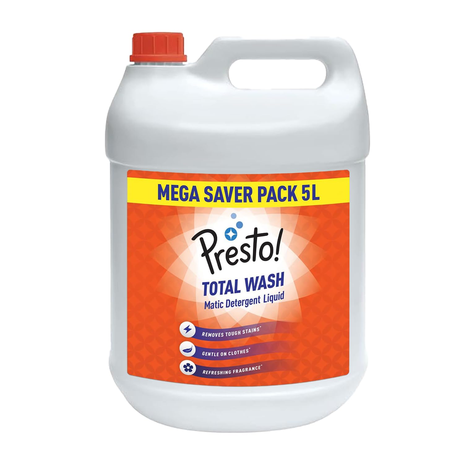 Amazon Brand - Presto! Total Wash Matic Detergent Liquid | 5 Litre | Removes Tough Stains | Gentle On Clothes | Refreshing Fragrance | Liquid Detergent For Washing Machine And Hand Wash