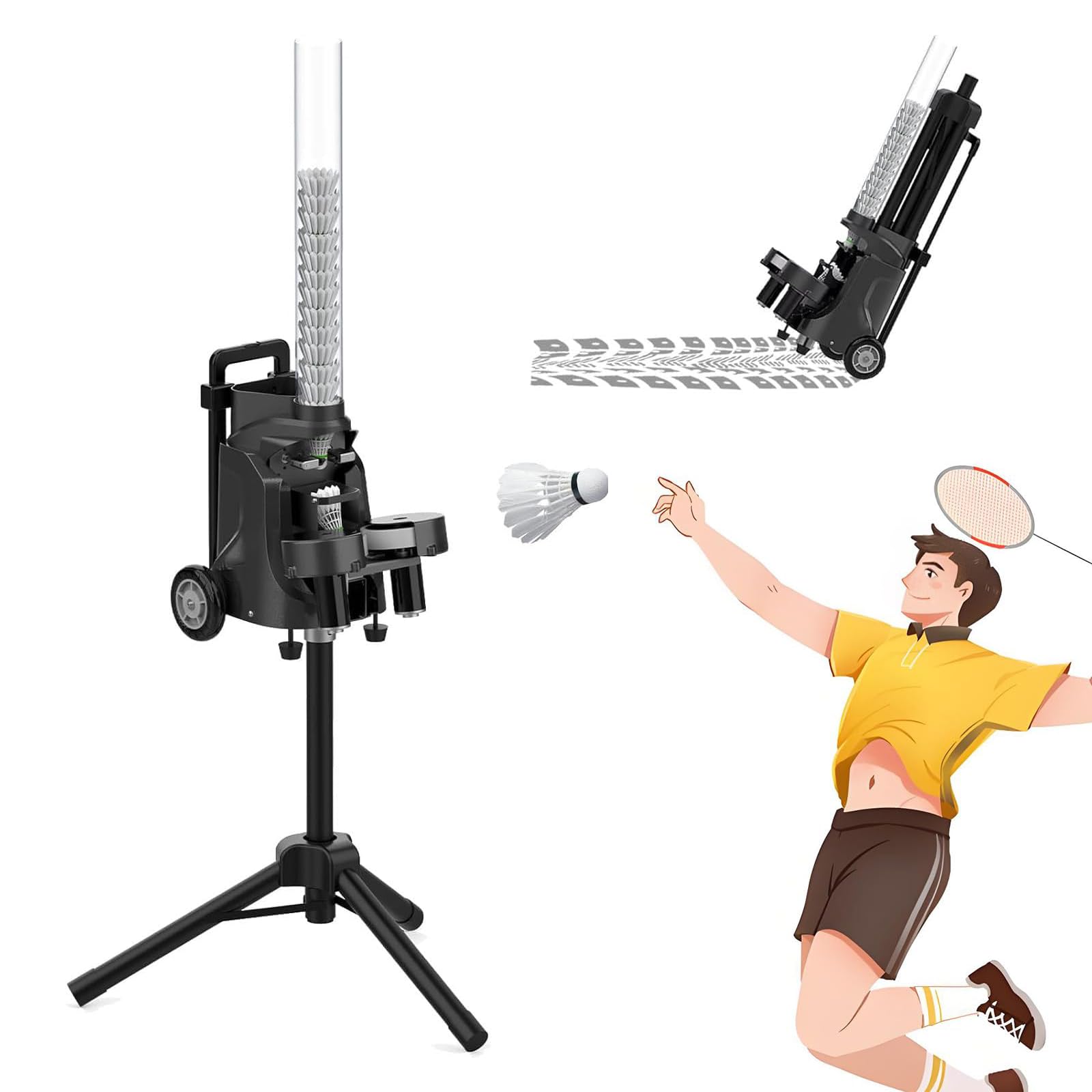 Lanciatore portatile per volano da badminton, altezza regolabile 18-125 cm, per pratica interna ed esterna