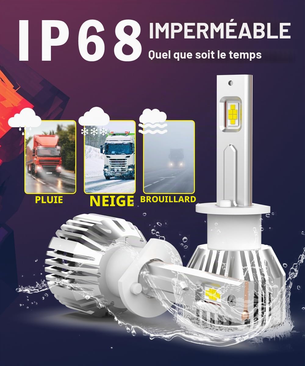 Ampoule H1 LED 24V Blanc 6500K CANBUS 110W 13200 Lm Phares à LED H1 350% de Luminosité, Feux de Route et Feux de Croisement pour Voitures et Camions, 2 pièces