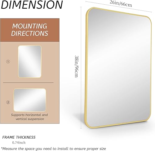 Miniatura 4 de COFENY Bathroom Mirror, 26"x38" Gold Rectangle Mirror, Wall Mounted Framed Mirror with Round Corner for Bedroom Living Room, Entryway Hangs