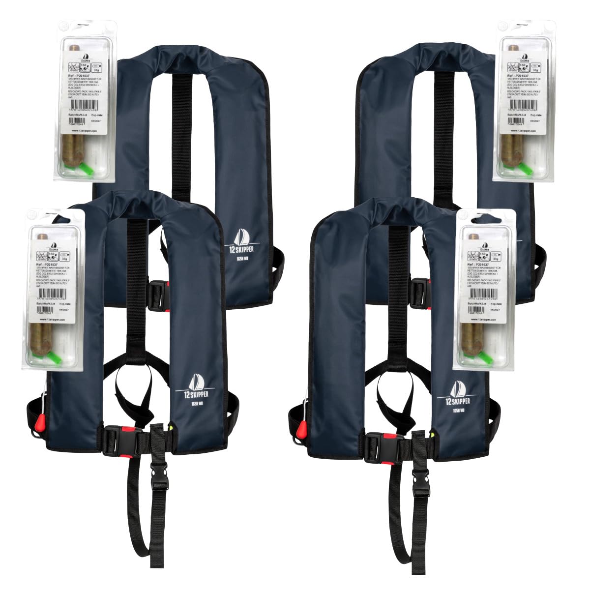 Lot de 4 : Gilet de Sauvetage Automatique 165N ISO Waistbelt, ble Marine, Inclus 4 Kits de réarmement