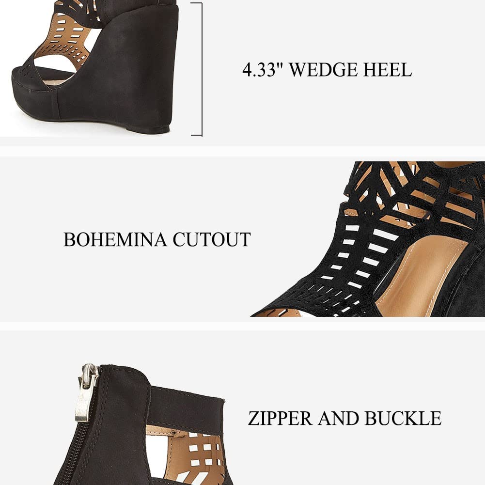 AOSPHIRAYLIAN Wedge Sandals for Women Open Toe Cutout Platform Bohemian Sandals High Heel Buckle Ankle Strap Comfy Summer Sandals: 7.5 Black