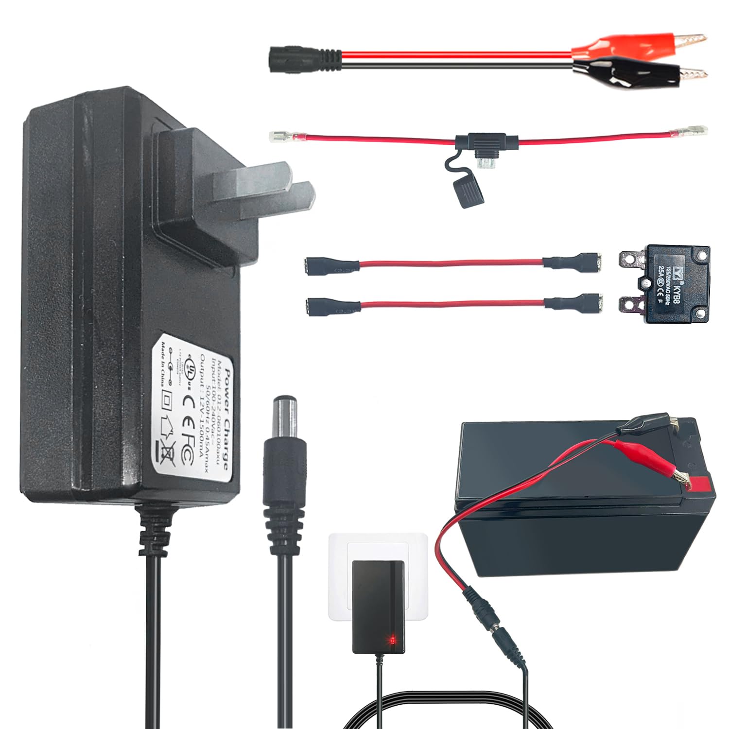 12V Battery Charger for Kids Ride On Toy Cars, Universal 12 Volt Power Wheels Battery Charger, Suitable for Best Choice Jeep Tractor Motorcycle ATV Accessories, Free Alligator Clip, 2 Fuses