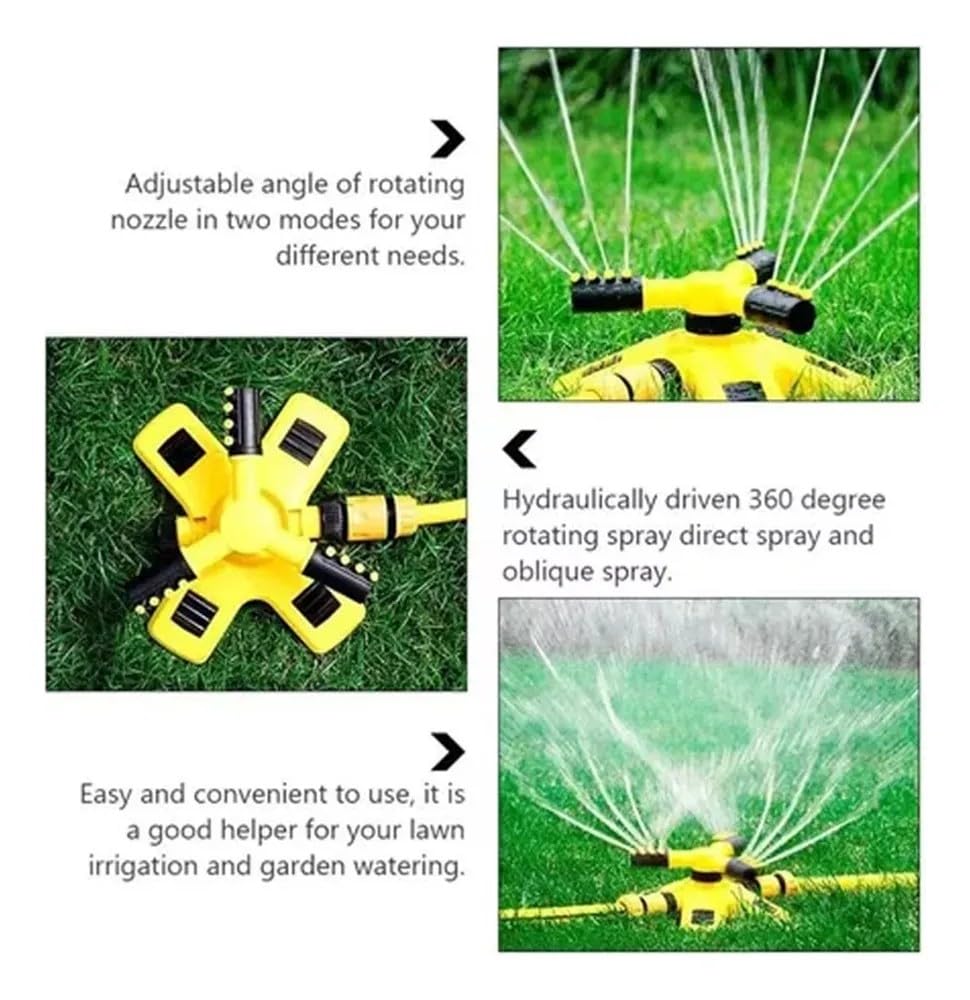 Irrigatore da giardino rotante automatico a 360° per prati, irrigatore da giardino oscillante a 3 bracci con attacco per tubo, sistema di irrigazione automatico per erba (giallo, set da 1,3 cm (15 m)