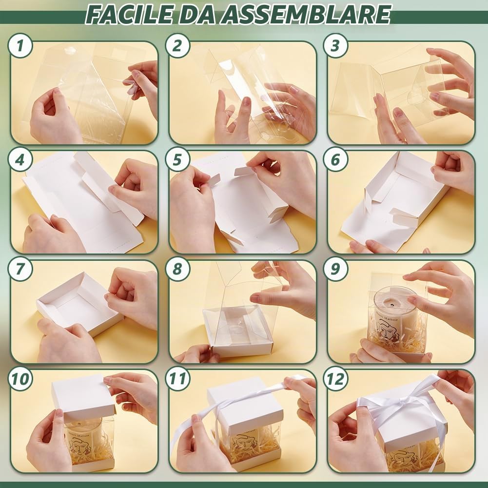 BENECREAT 10 Scatola Regalo Trasparente con Coperchio In Carta Bianca, Scatole Regalo Rettangolari con Nastro In Poliestere per Compleanni, Matrimoni e Natale, 8x8x14cm