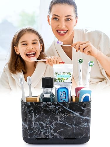 Miniatura 3 de Soportes para cepillos de dientes de mármol, 5 ranuras para cepillos de dientes y pasta de dientes de bambú para encimera de baño con drenaje,