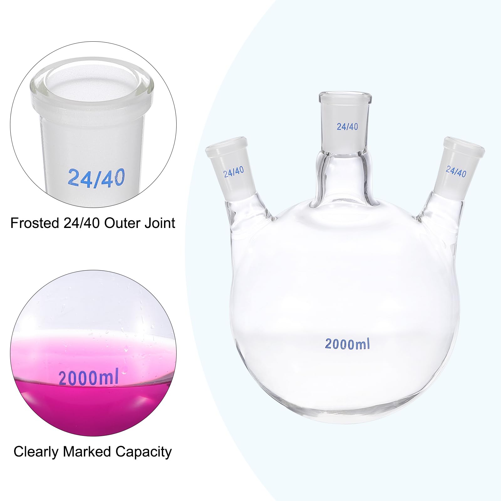 PATIKIL Fiaschetta bollente da 2000 ml, in vetro borosilicato 3.3, con fondo rotondo a 3 colli, fiaschetta da parete pesante con giunto esterno conico standard 24/40, per laboratorio, trasparente