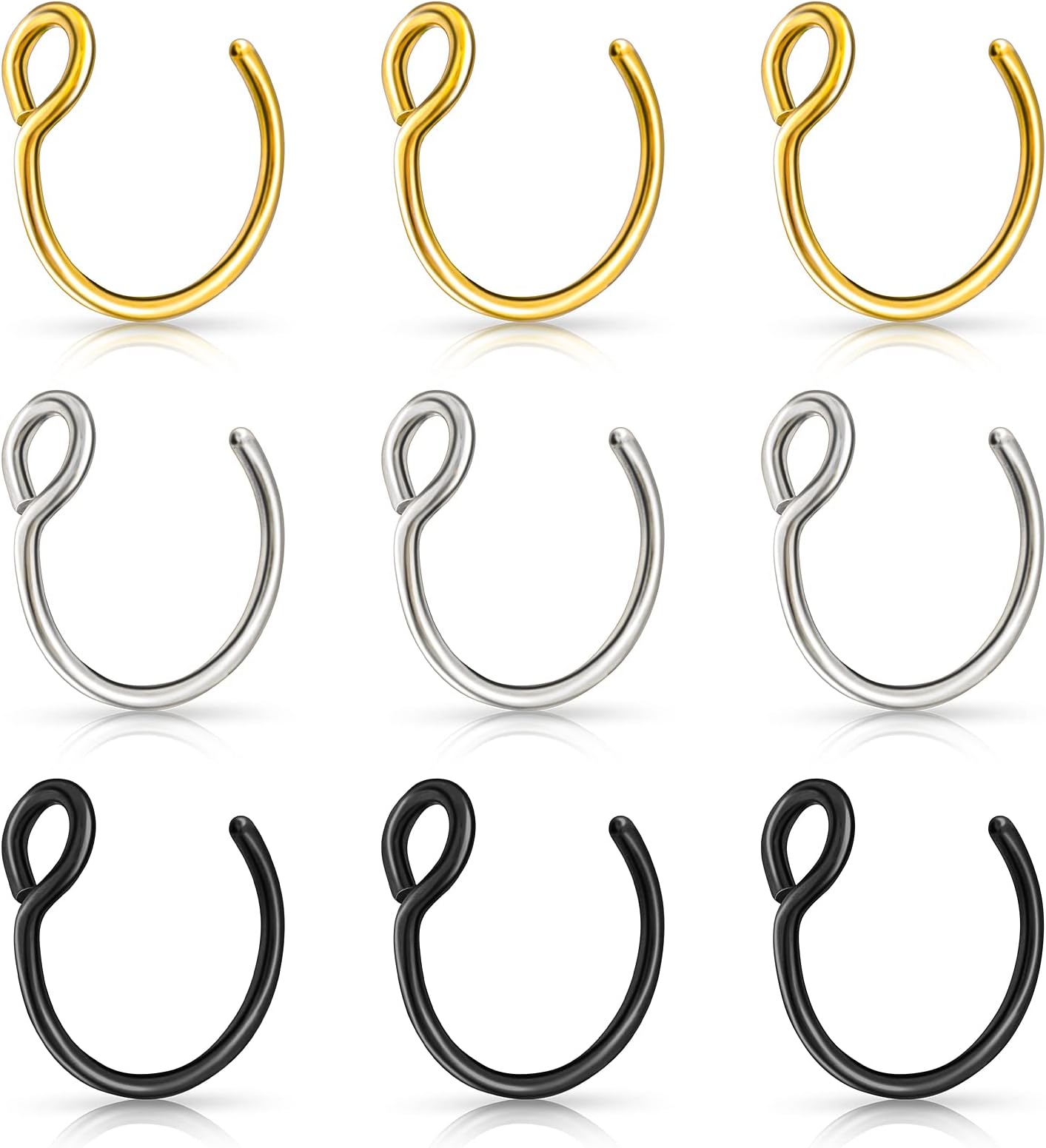 Lusofie 9Pcs Fake Nose Rings,Fake Nose Ring Hoop Stainless Steel Nose Hoop for Faux Lip Septum Nose Ring Set