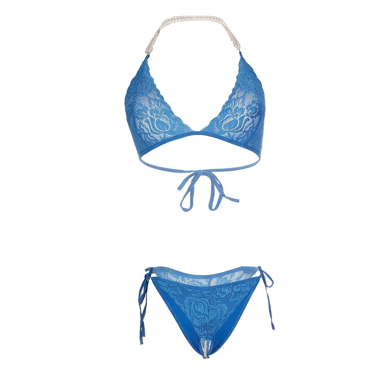 psychovest Women's Sexy Lace Pearl Design Bra and Panty Lingerie Set Free Size Blue-picture-39