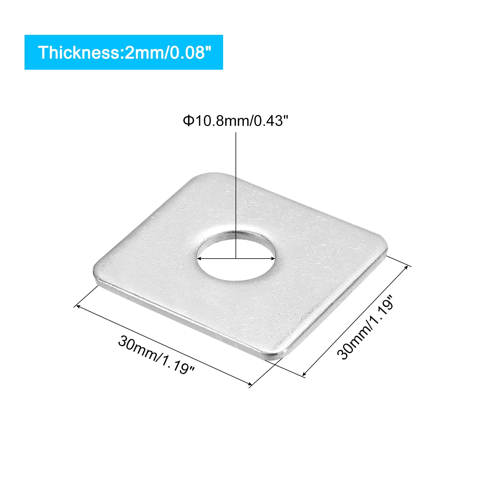 sourcing map Quadratische Unterlegscheiben, 304 Edelstahl, M10 x 30 x 30 x 2 mm, 30 Stück