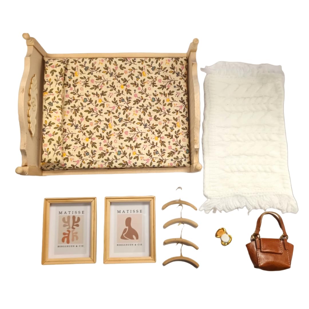 Dolls House Modern Bedroom Accessory Pack, Includes Coat Hangers, Pictures, Throw Rug, Compact, Handbag and Double Bed