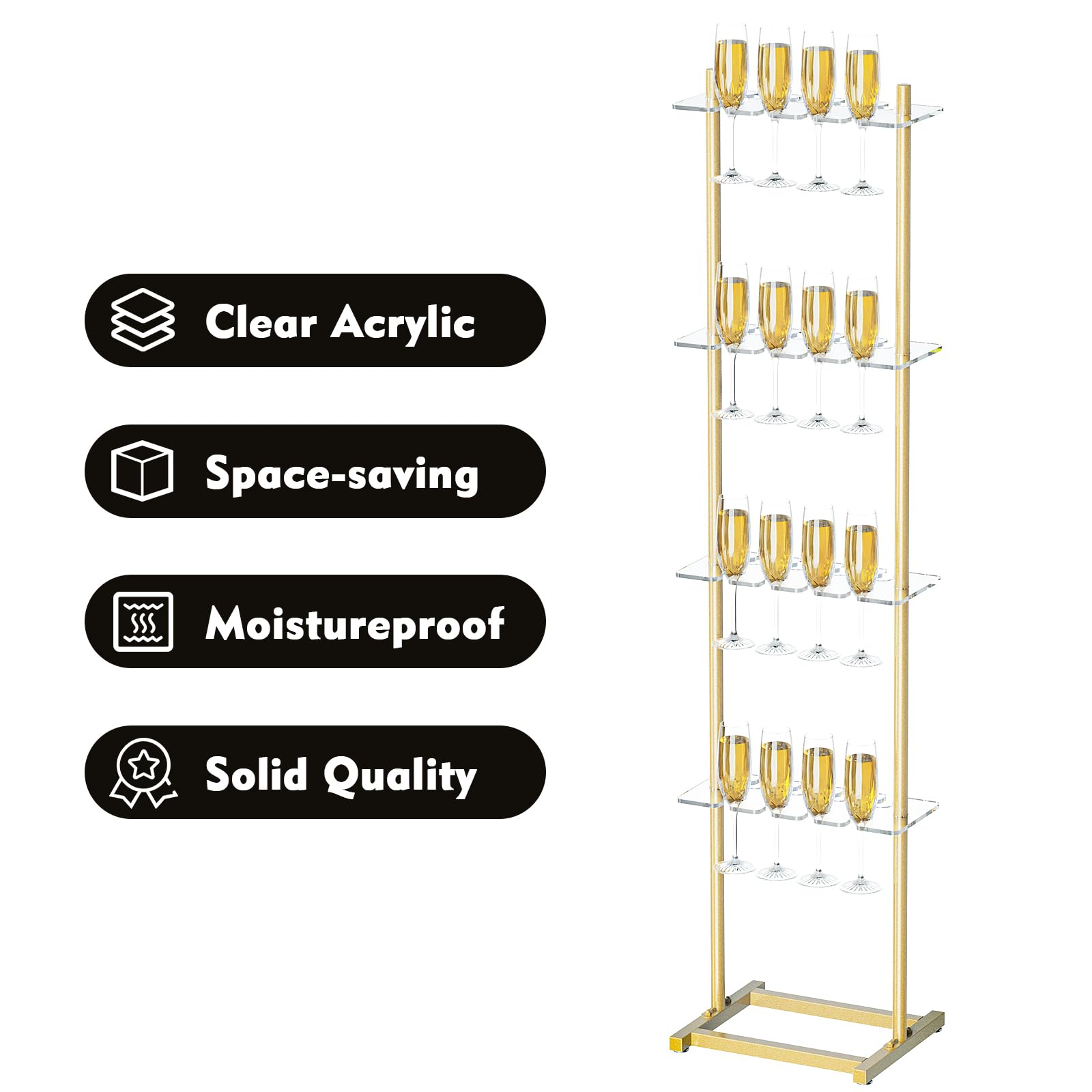 ikare Soporte de pared de champán para fiesta, soporte de pared de acrílico transparente de 4 niveles, 32 copas de vino para copas de champán en bodas, fiestas de despedida de soltera y eventos,