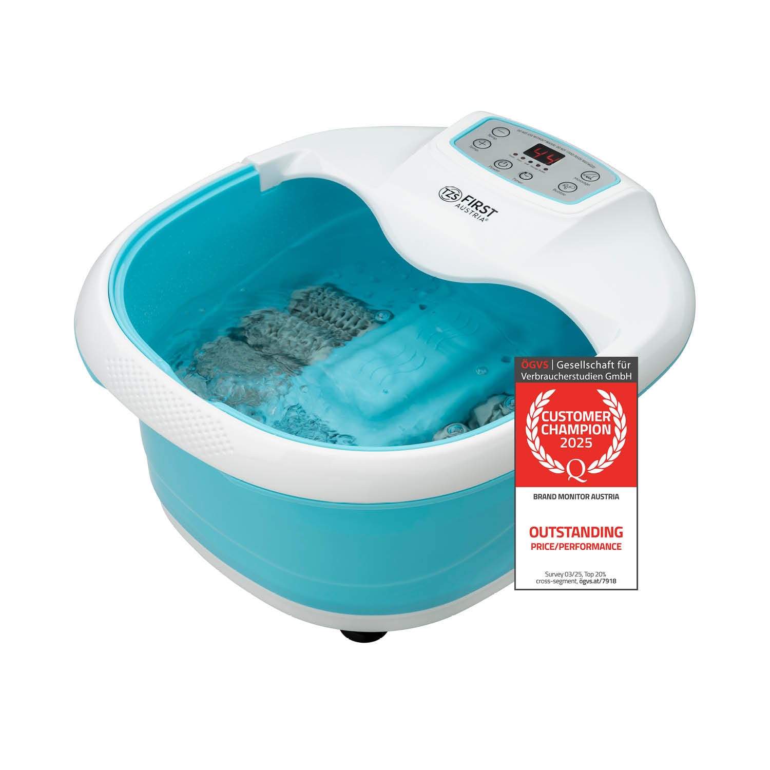 TZS First Austria - Hidromasajeador plantar 450W con 3 programas y 6 rodillos de masaje - Pediluvio eléctrico con masaje de vibración y burbujas de aire, infrarrojos y calefacción - Con temporizador