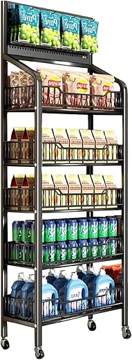 5 Tier Supermarket Snack Rack, Metal Display Shelves with Wheels, Large Snack Rack with 15 Hooks for Shops, Supermarkets, Kitchens
