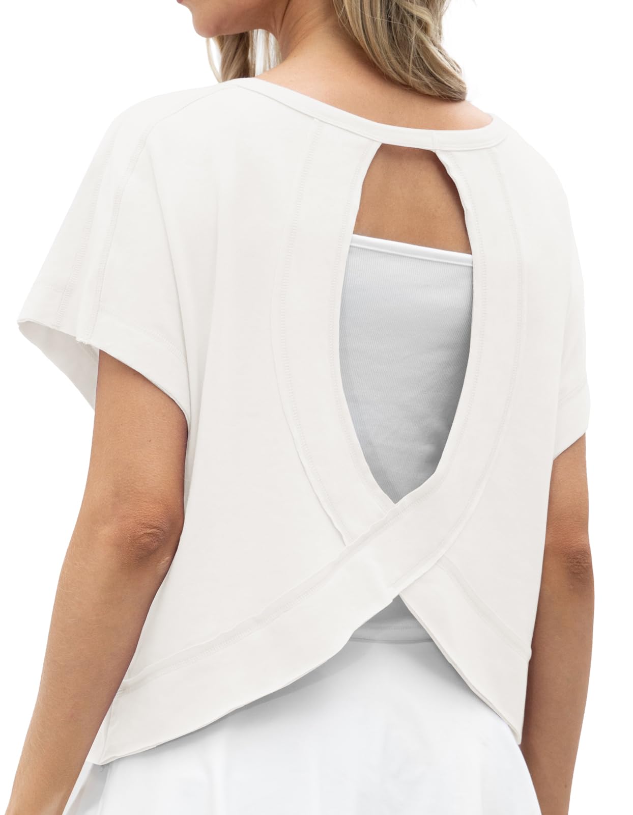 GRECERELLE Women's Open Back Workout Tops Backless Athletic Shirts Casual Crop Running Tee Y2k Yoga