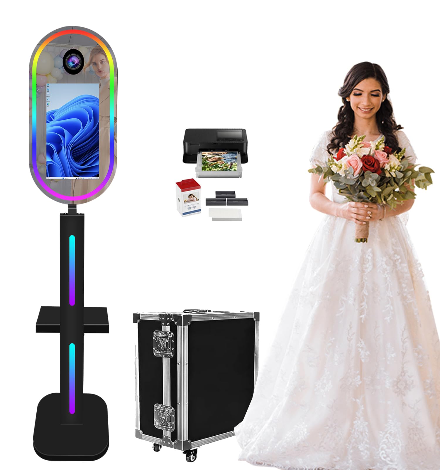 Photo Booth with Printer Included, Magic Mirror Photo Booth 15.6" Touch Screen DSLR Selfie Photobooth Machine Flight Case for Events School Party Wedding Rental (Black, + Printer)