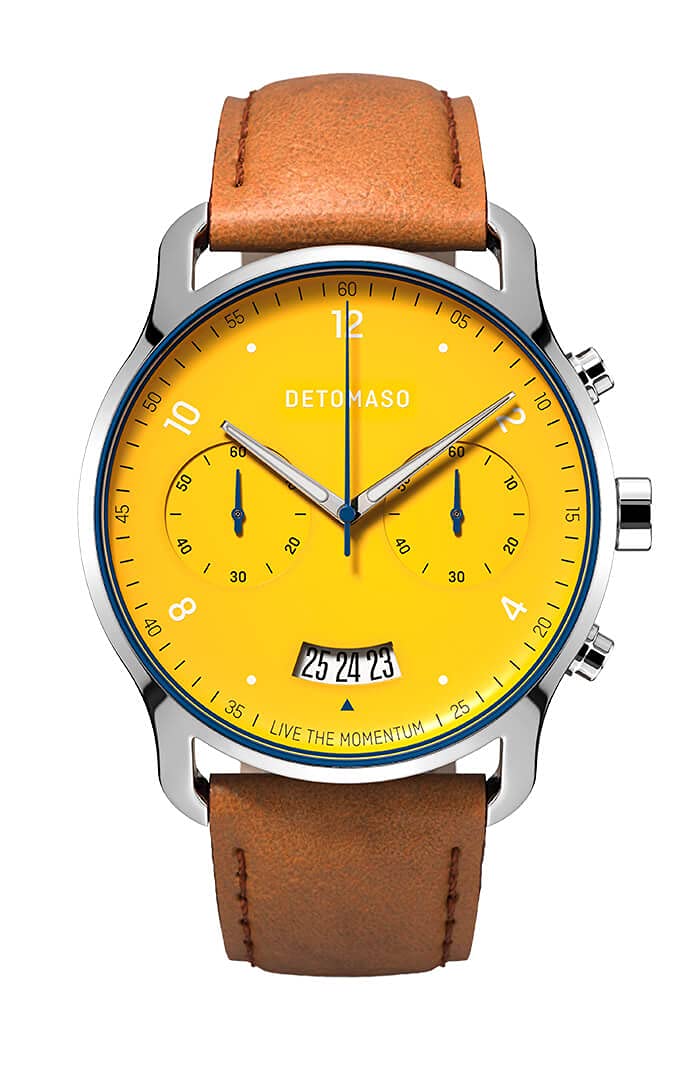 DeTomaso SORPASSO Giallo Silber Gelb Herren-Armbanduhr Analog Quarz Lederarmband Braun