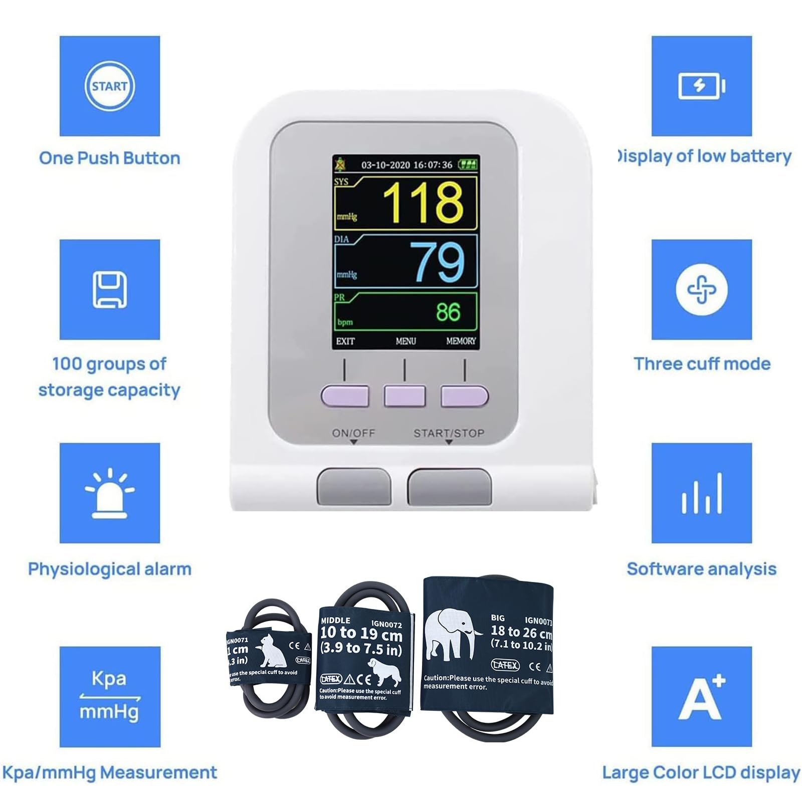 Monitor De Presión Arterial para Perros Y Gatos, Pantalla LCD Digital De 2,8 Pulgadas, Equipo Veterinario, Esfigmomanómetro Electrónico De 3 Modos Y 3 Brazaletes, Memoria para 100 Conjuntos De