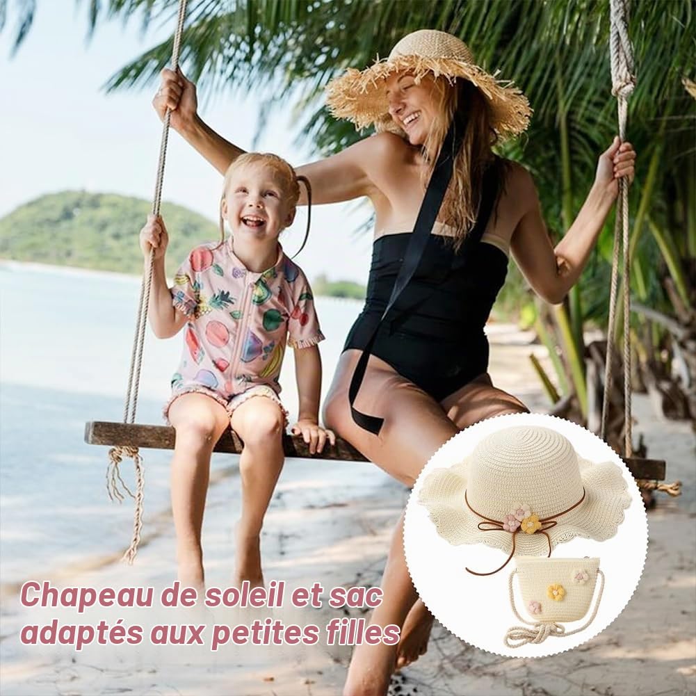 Chapeau De Soleil Et Sac en Tricot De Paille 3 Pièces,Lunette De Soleil,Chapeau Paille Enfant 3-8 Ans avec Décoration Florale pour Accessoires Voyage Extérieur(Blanc Crème)