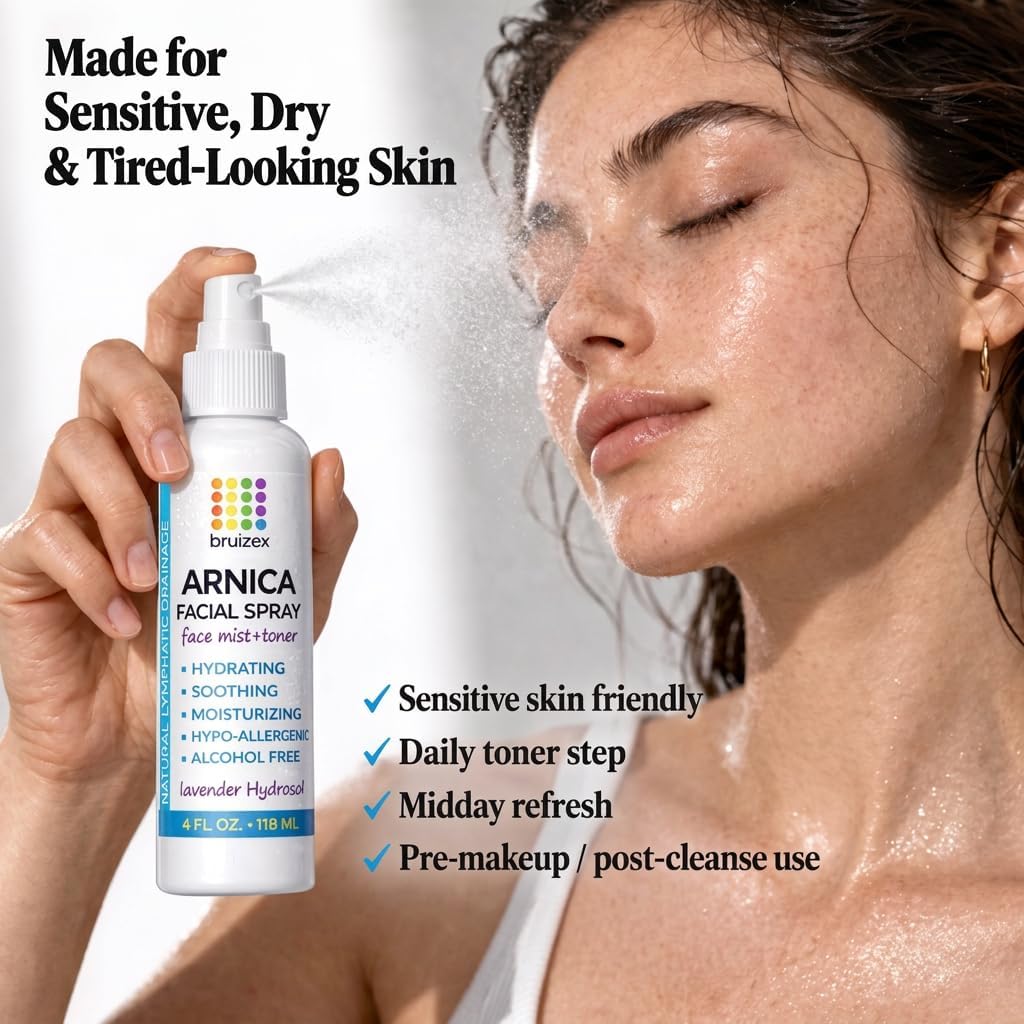 Bruizex Arnica Montana Hydrating Face Mist, Soothing & Rejuvenating Facial Spray, Face Toner for Sensitive Skin, Face Puffiness Reduction, Suitable for All Skin Types, Lavender Face Spray, 4 Fl Oz