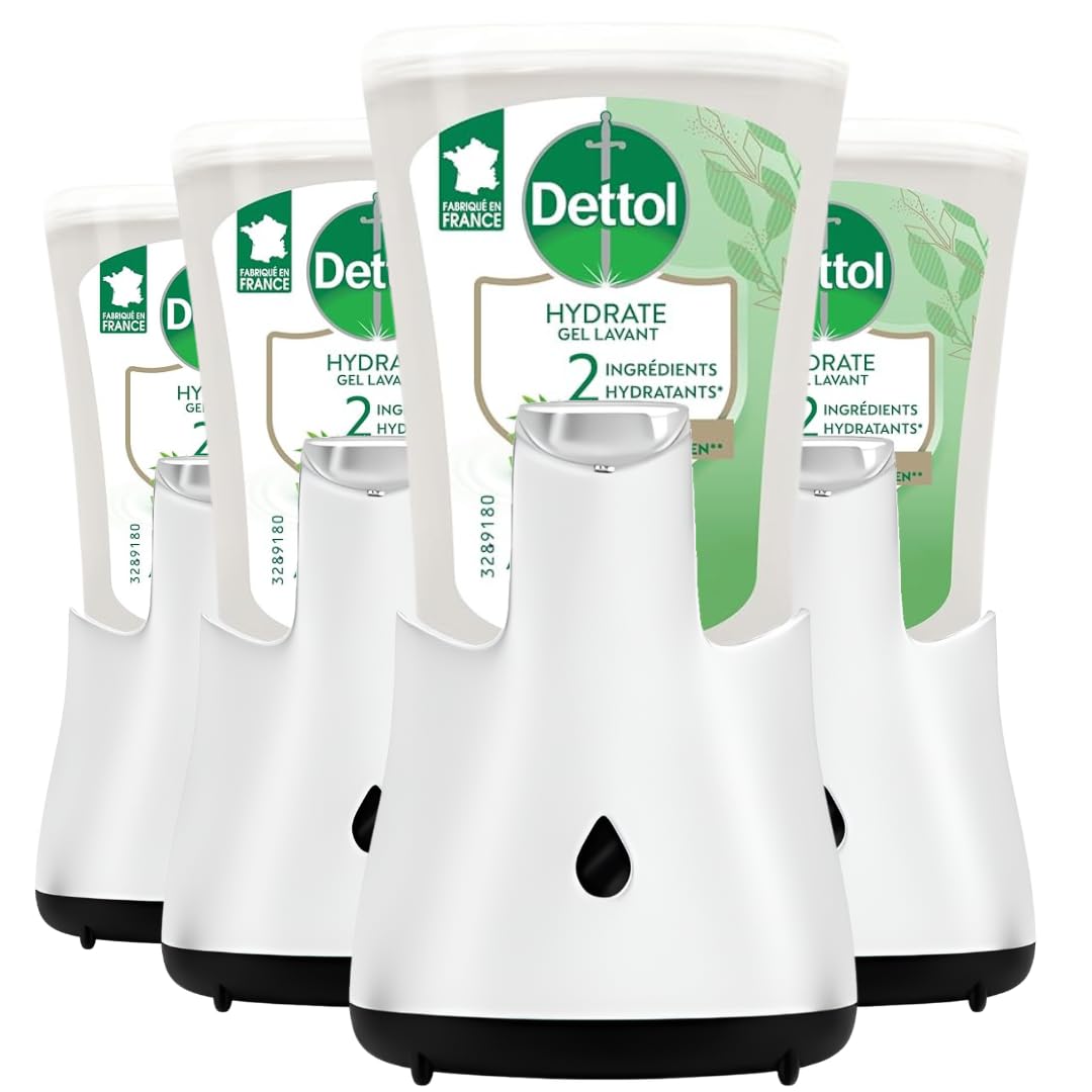Dettol Lot de 4 Distributeurs de Savon Automatique de Savon pour Les Mains No Touch avec Recharge Hydratant Aloe Vera