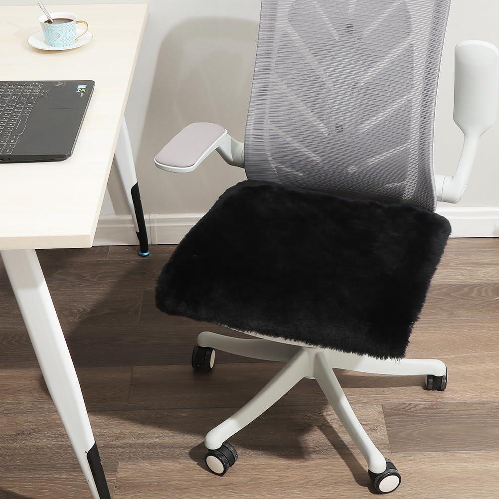 LLB Sheepskin Chair Covers Office Chair Cushion Dining Room Chair Pads Desk Chair Seat Cushion for Computer Chair Fur Area Rugs for Living Room 19x19 Inch (Pack of 1), Shearling Black