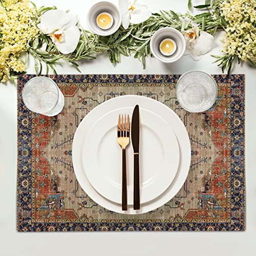 Image of Aztec Terracotta Boho Placemats Set of 6 Vintage Rust Retro Carpet Linen Washable Kitchen Dining Table Mats Stain Heat-Resistant Desktop Decor Place Mats for Home Party Indoor 12x18 Inches