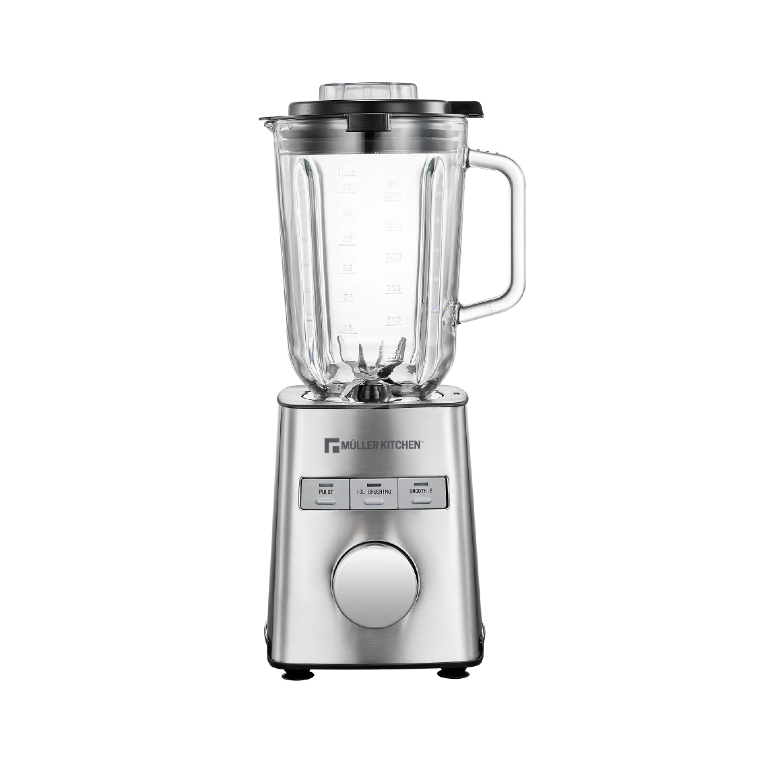 Muller Kitchen MK-6065 Batidora de vaso (1000W, Jarra de Cristal de 1,5L, Cuchilla INOX de 6 filos, 3 programas automáticos, 5 velocidades variables, Picadora de hielo, Carcasa INOX)