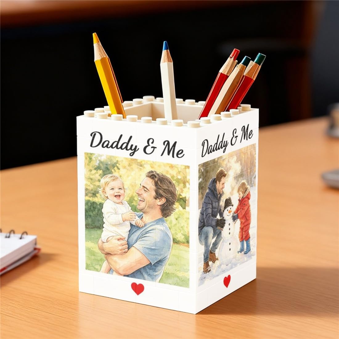 BFHEFGSUU Personalised Daddy & Me Photo Brick Pencil Pot Funny Building Block Pen Holder Desktop Decor Gift Dad Couple Family Father's Day Birthday Xmas (S 04)