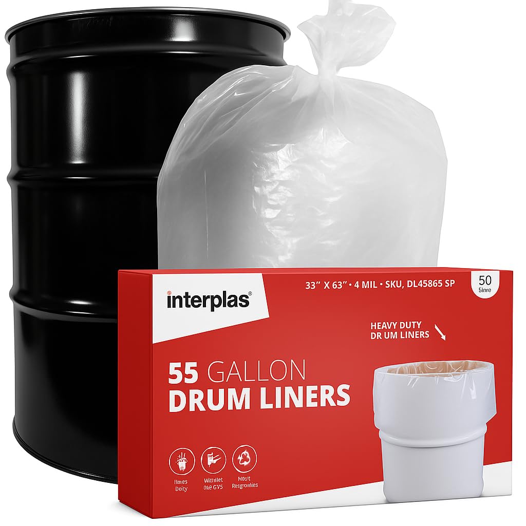 55 gallon commercial drum liner -4 Mil BPA-Free LDPE, Leak-Resistant – 38" x 63" – Fits Open-Head Barrels – 50 Liners per Roll
