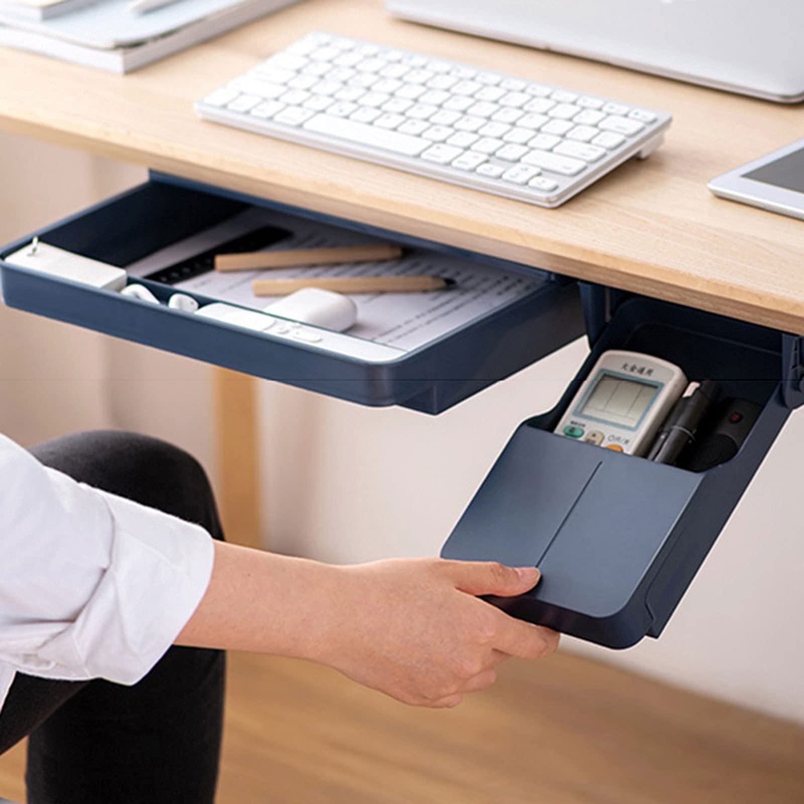 Cajas de almacenamiento, 1 cajón portátil para debajo del escritorio, cajón de almacenamiento autoadhesivo, plástico, bolígrafo, papelería, caja organizadora (azul, L)