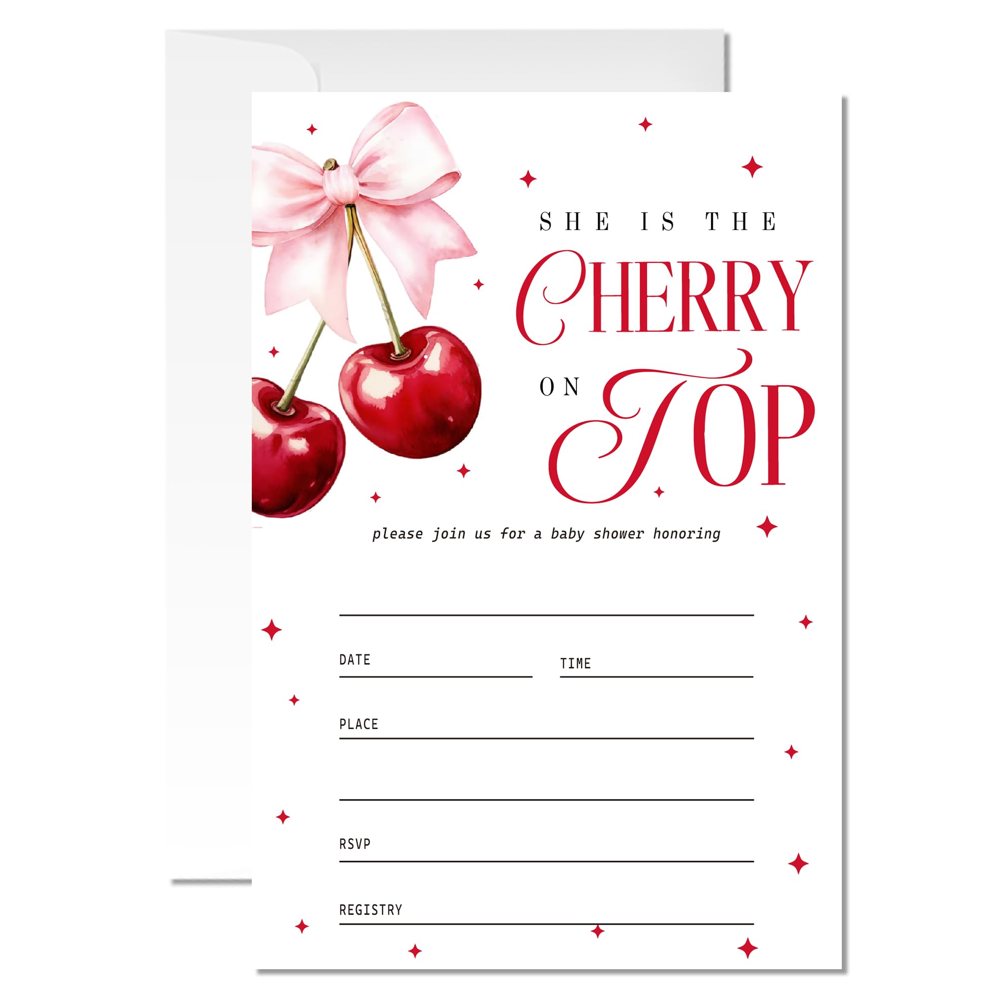 20-Count 'Cherry on Top' Pink Bow Baby Shower Invitations for Girls (4x6")