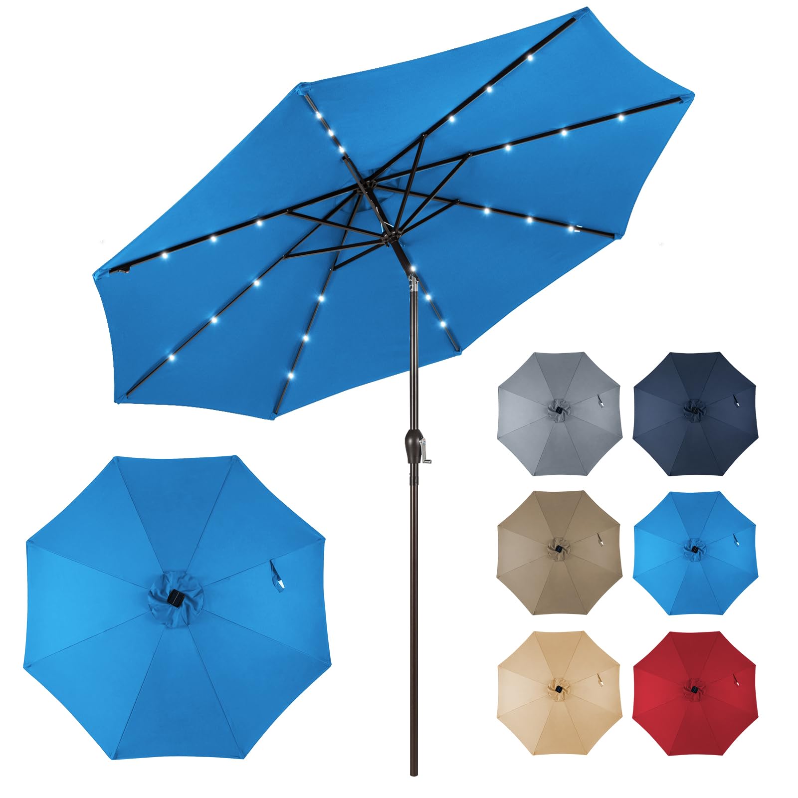 COSTWAY Parasol de Jardin Extérieur Ø 300 CM, Lumineux Solaire avec 24 LED, Inclinable avec 8 Baleines Métalliques Robustes, pour Balcon Jardin Terrasse (Bleu Clair)