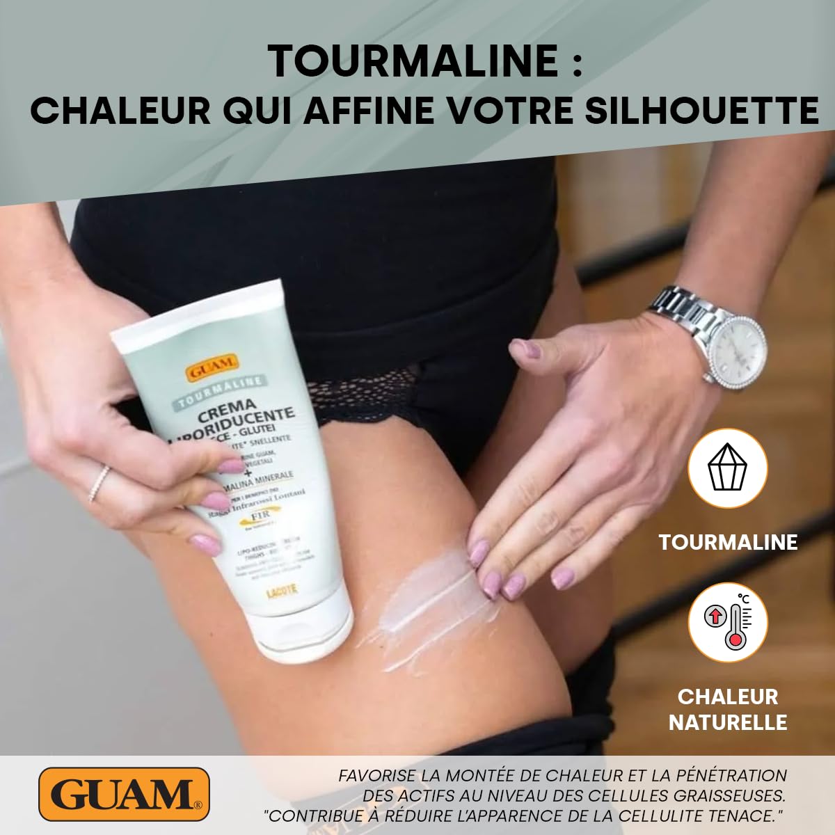GUAM FIR Crème Amincissante Anticellulite Cuisses et Fesses - 200ml Crème Raffermissante à la Tourmaline Effet Chauffant Liporéducteur - Estompe l’Aspect de Cellulite, Favorise Fermeté et Élasticité