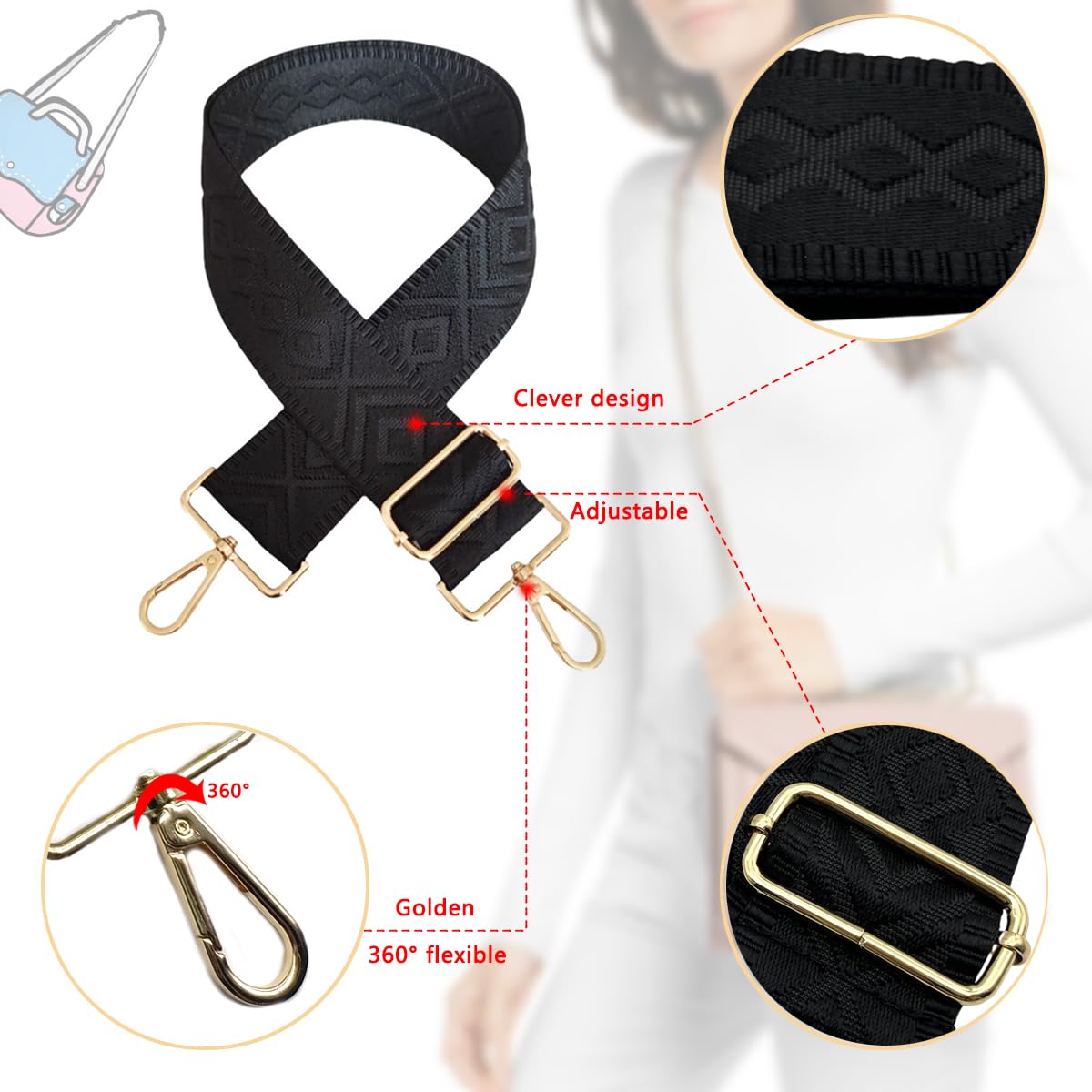 Verstelbare schouderriem voor tassen, tasriem, 75-130 cm, met karabijnhaak, meerkleurige draagriem, tashandvat, schouderriem, 5 cm breed, voor tassen, handtassen voor dames en heren, geel