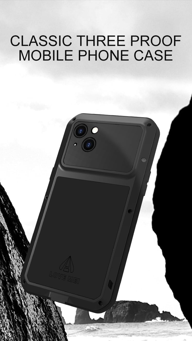 LOVE MEI Compatible with iPhone 15 Plus Case, Military Heavy Duty Shockproof Dust/Dirt Proof Waterproof Hybrid Aluminum Metal+Silicone+Tempered Glass Full Body Case Hard Cover (Black)