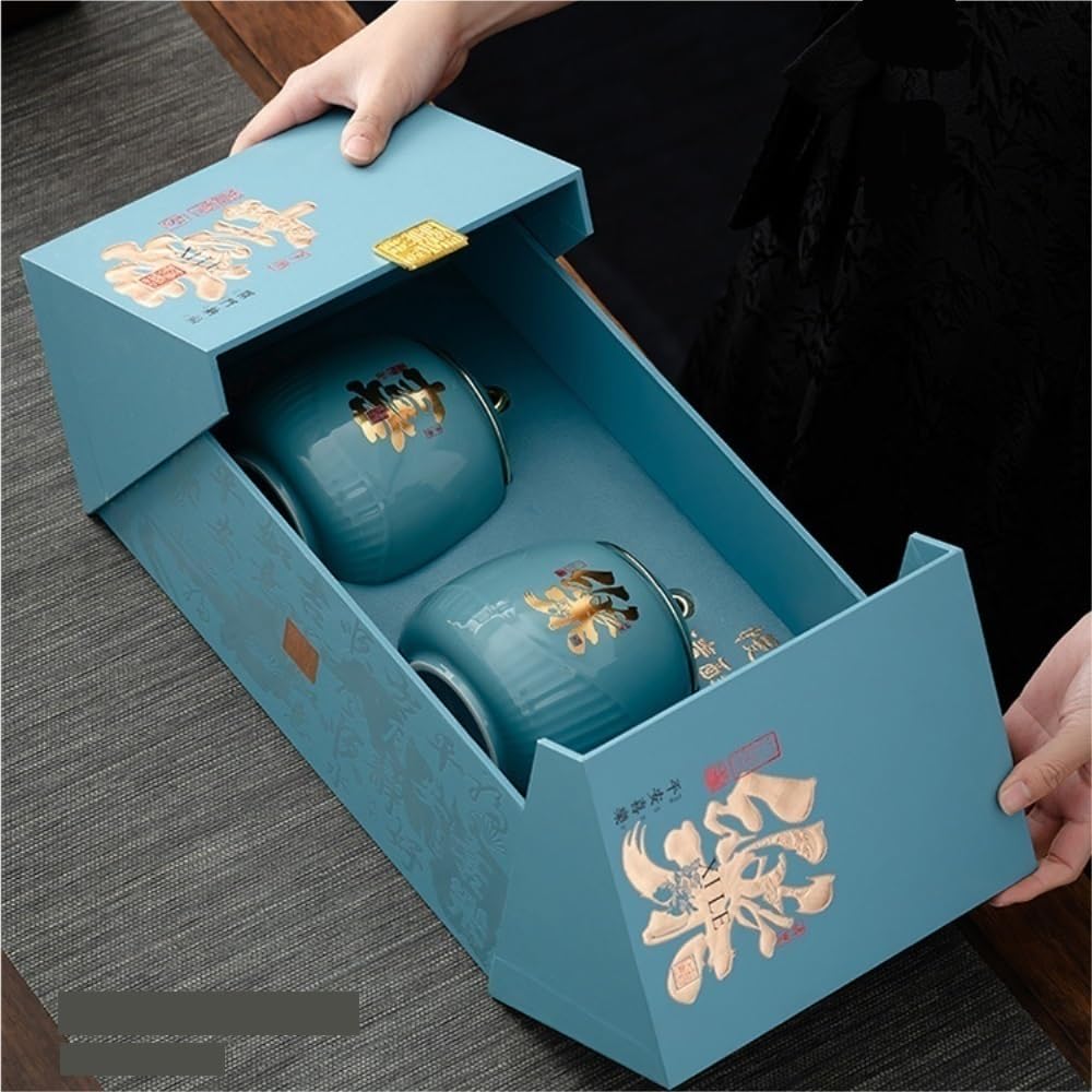 Tarros de Té Recipiente de cerámica for almacenar té suelto, tarro sellado for el hogar, juego de té retro, caja de regalo con tarro doble Recipientes para Guardar Té con Tapas(B,M)