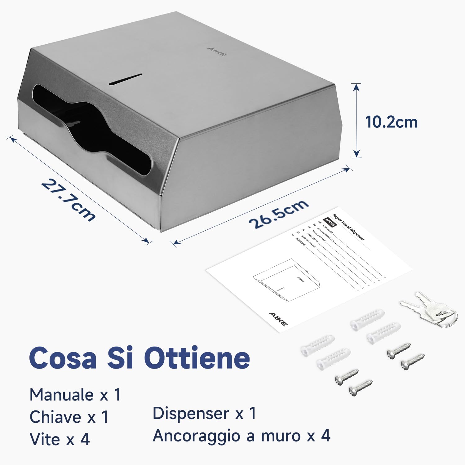 AIKE In Acciaio Inox Dispenser Carta Asciugamani 250 Fogli Montato A Parete,per H2 & Z-Fold Carta Piegata di Dimensioni 27 X 10 cm o Inferiori