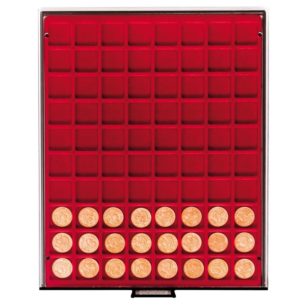 LINDNER Das Original Bandeja para Monedas RAUCHGLAS (Vidrio Ahumado) con 80 casilleros Cuadrados para Monedas/cápsulas para Monedas de hasta un diámetro de 24 mm