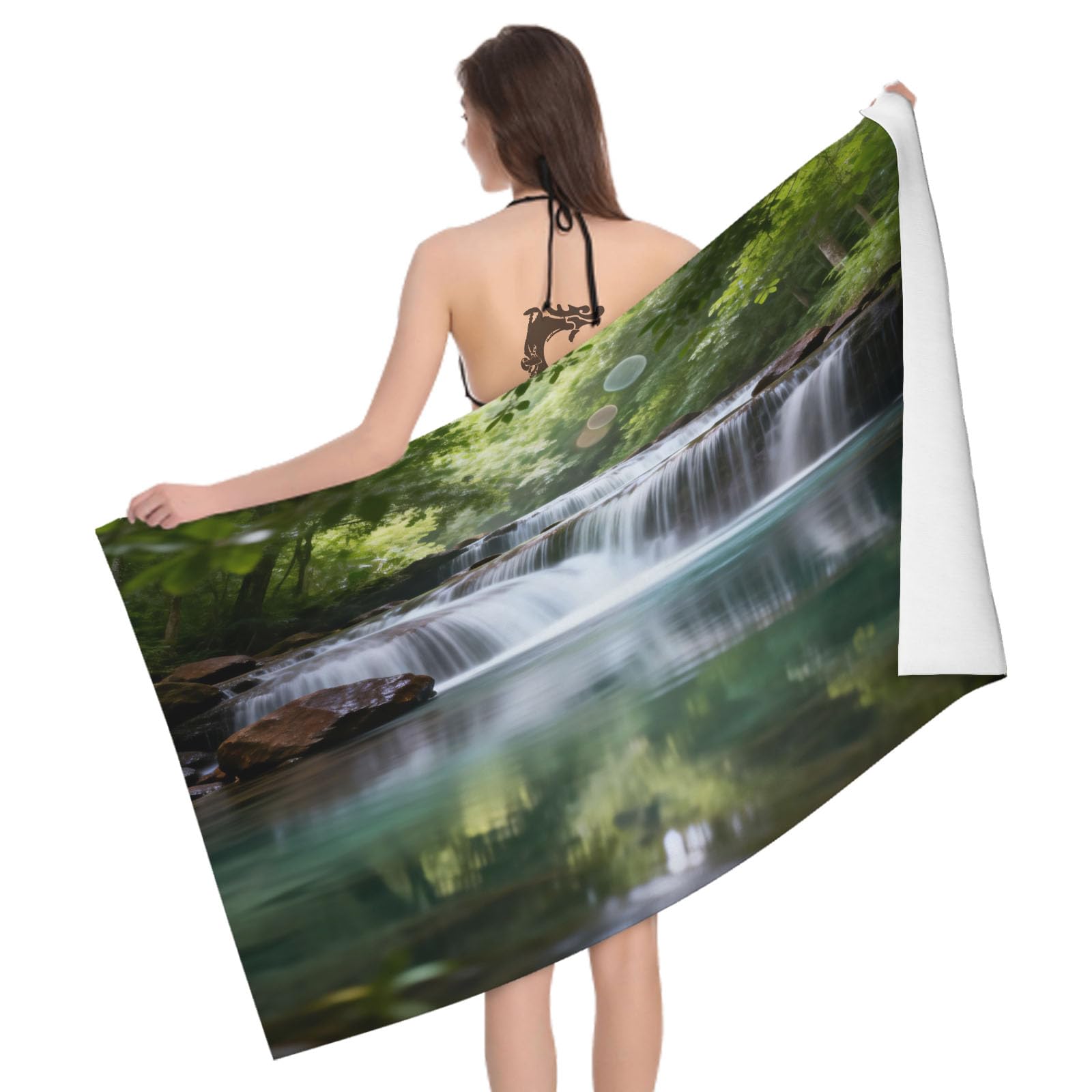 Leichong 3D Forest Waterfall Beach Towel Large Microfiber Soft Quick Dry for Adults, Natural Bath Towel Lightweight Soft Absorbent for Travel Swimming Pool Sports, 180 x 90 cm